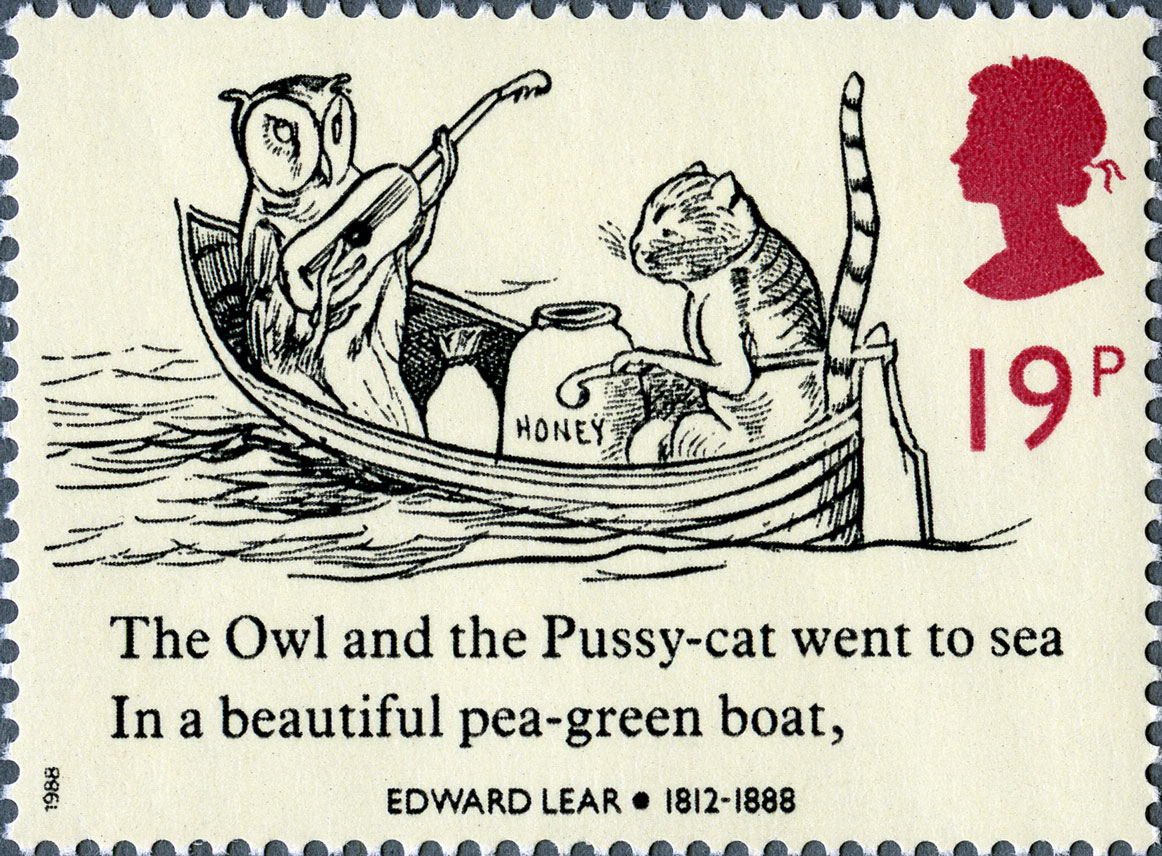 Stamp depicting an illustration of an owl and a cat in a boat.