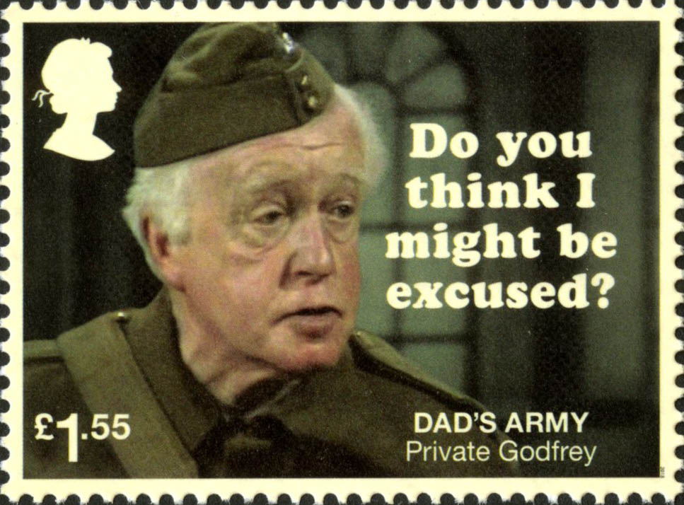 Stamp depicting Private Godfrey with the caption 'Do you think I might be excused?'.