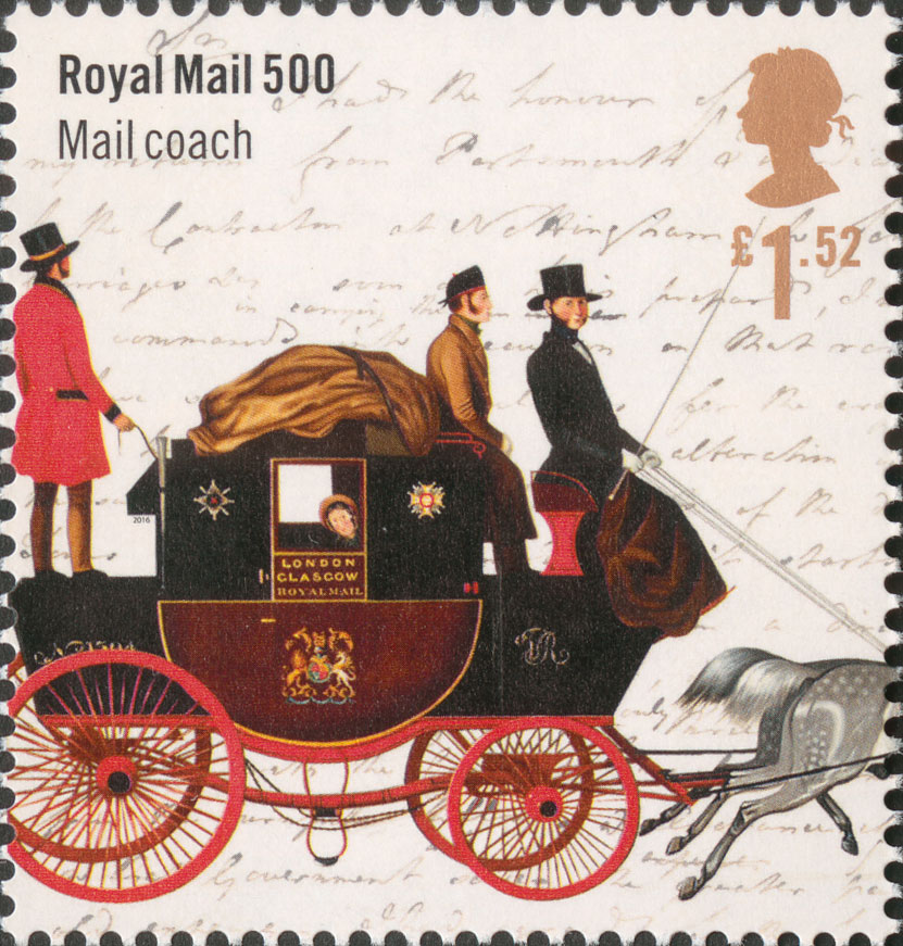 Stamp depicting a Mail Coach with passengers against a letter background.