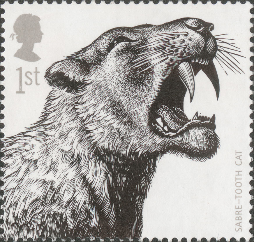 Stamp depicting a black and white illustration of a Sabre-tooth tiger.