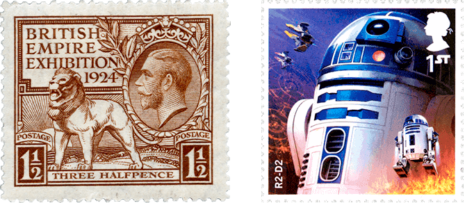 We can see two stamps side by side. One is an old stamp, with a lined drawing of the middle aged bearded king, looking side on, next to a roaring lion. On the other stamp is a print of R2D2, a cylinder shaped blue and white robot. 