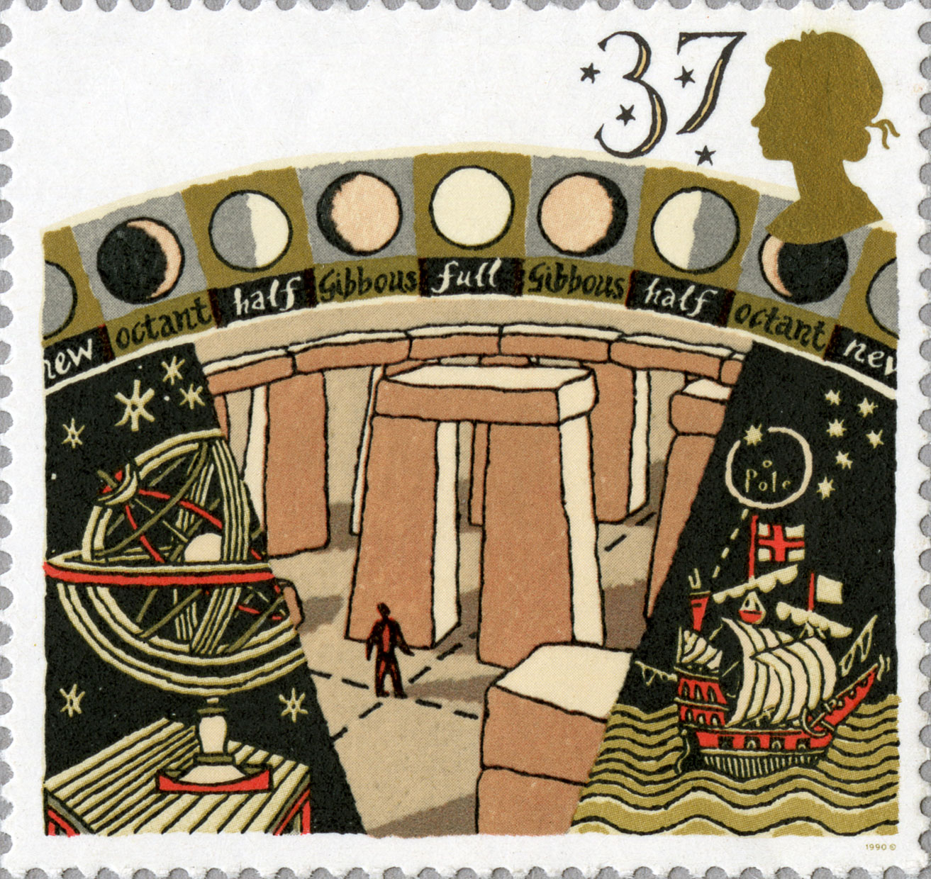 Stamp depicting early astronomy, including a drawing of Stonehenge.