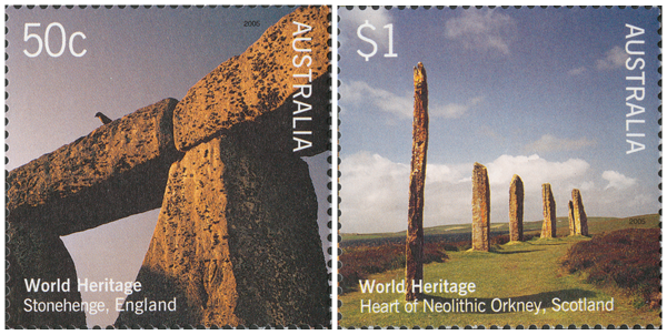 Two stamps depicting British World Heritage sites with Australian currency.