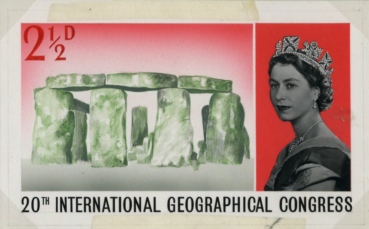 Stamp depicting a three quarter image of the Queen on the right and a sketch of Stonehenge on the left.