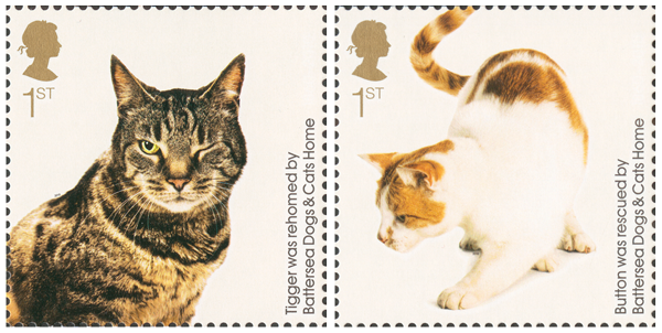 Two stamps depicting cats that have been rehoused by Battersea Cats and Dogs Home.