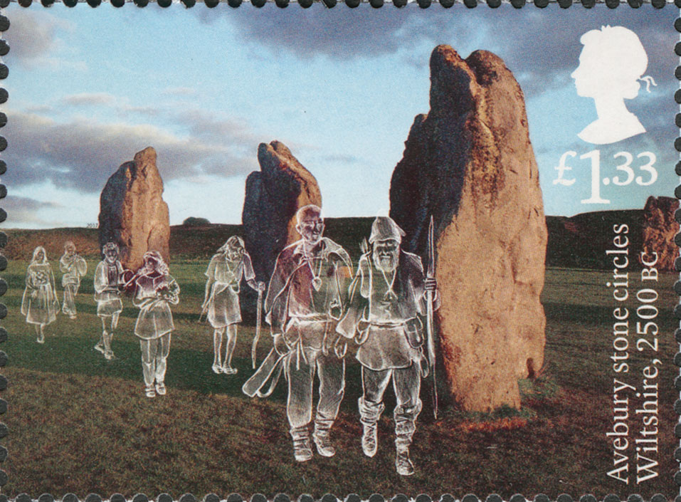 Stamp depicting Avebury stones and line drawings of ancient Briton figures.