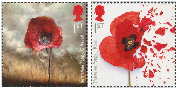 Two depictions of poppies on stamps, one in a battle field and the other shattering into small pieces.