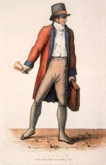 An illustration of a man wearing a top hat and long red coat, carrying a brown satchel and a small bell.
