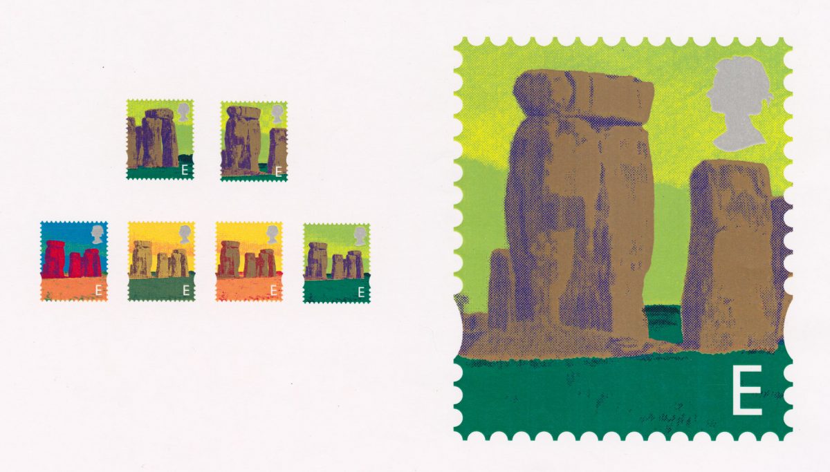 Designs for a new English definitive stamp featuring Stonehenge in different colours. 