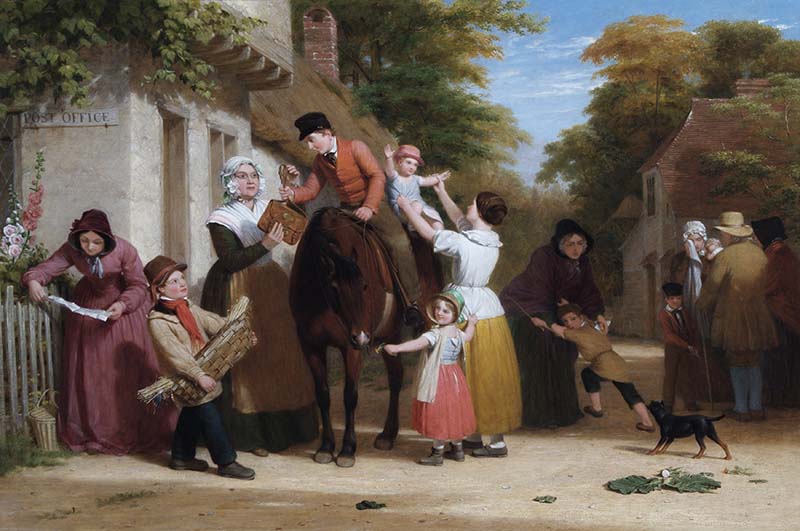 An oil painting showing a letter carrier delivering post on horseback to villagers