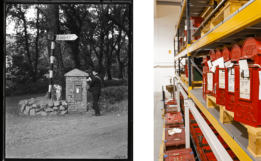To the left, a black and white photo shows a postman collecting post from a postbox in a small brick wall. To the right, a coloured photo shows a row of red lamp boxes on shelves.