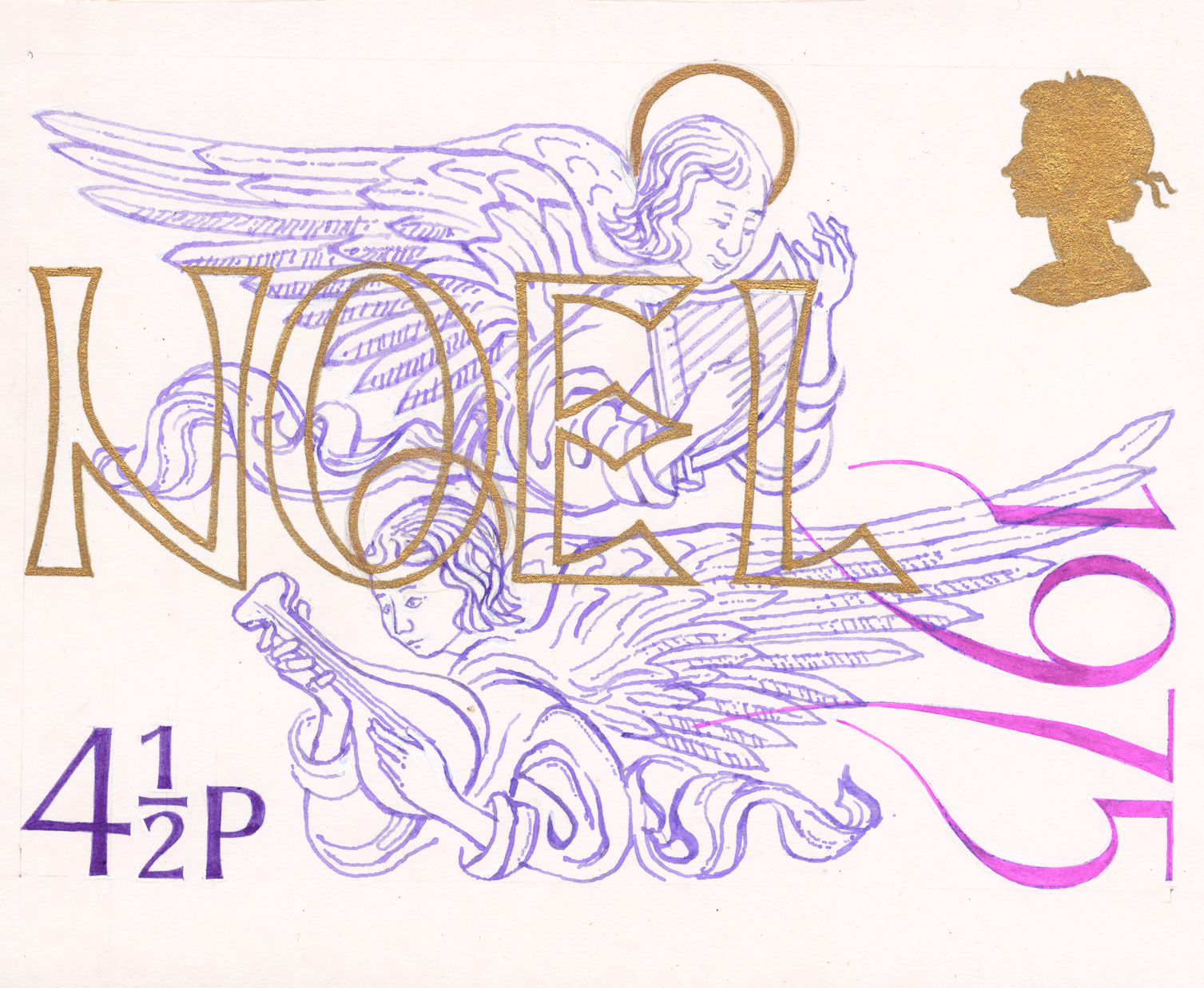 Image of two flying angels and the word 'Noel' in gold and purple.