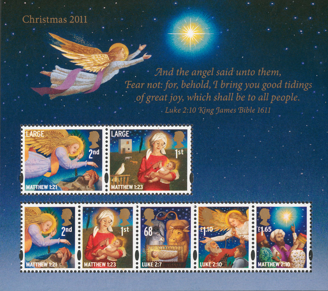 Image of the Christmas 2011 miniature featuring all the issued stamp a an extract from Luke 2:10.