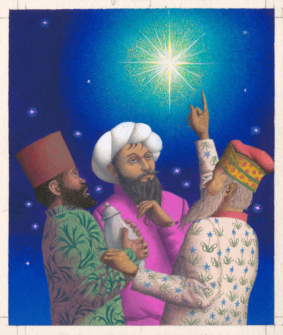 Artwork featuring three men pointing to a star.