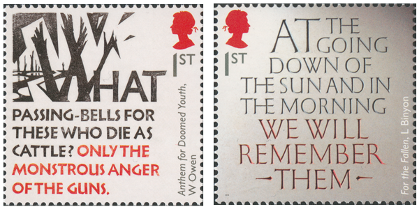 Two stamps depicting words from poems by W Owen and L Binyon.