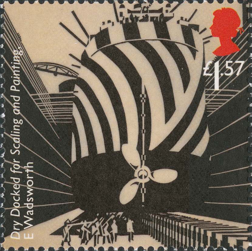 Stamp depicting a painted by E Wadsworth of a boat being painted with stripes.