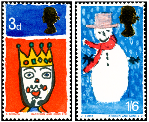 Two stamps depicting Christmas drawings by children. 