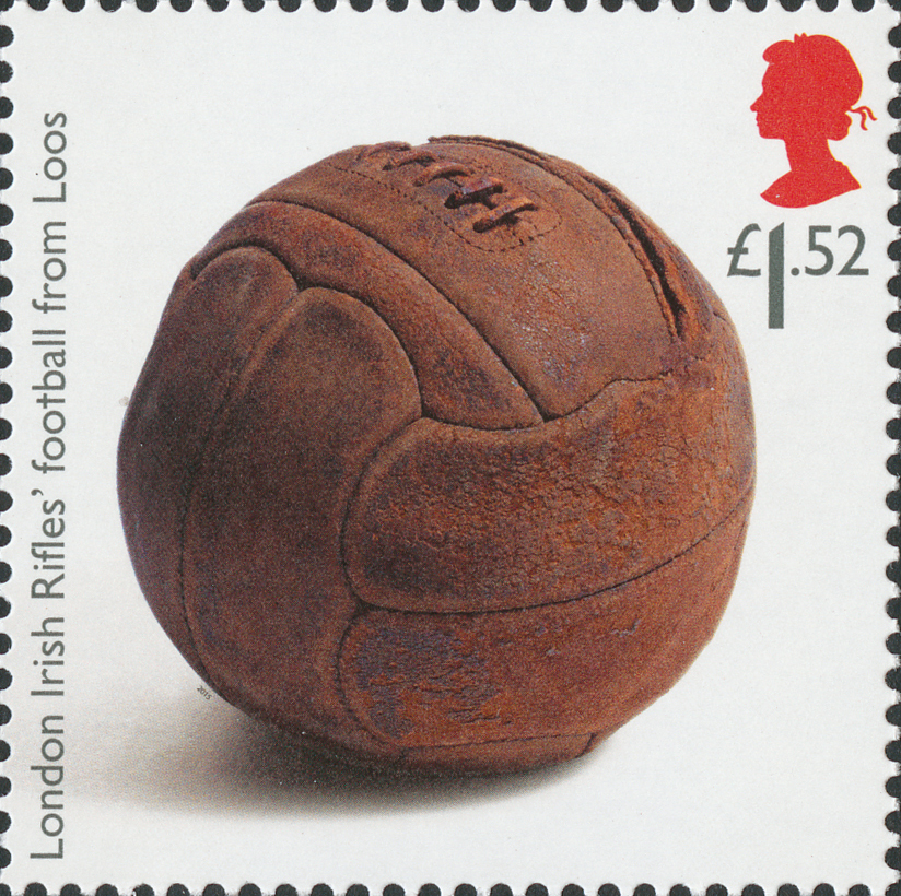 Stamp depicting an old football on a white background. 