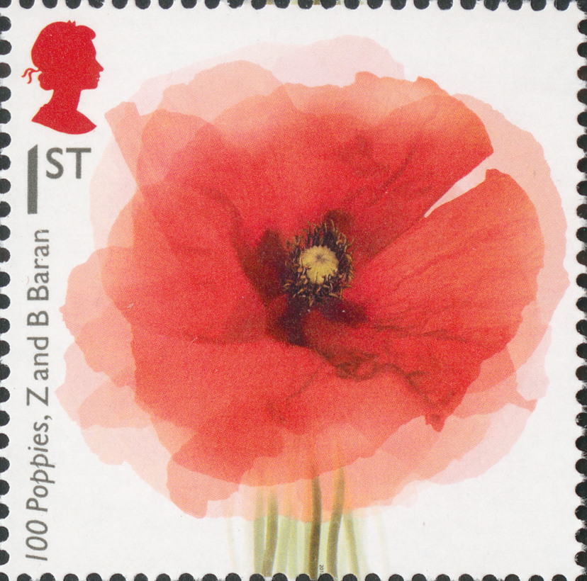 Stamp depicting 100 images of poppies merged to make one poppy.
