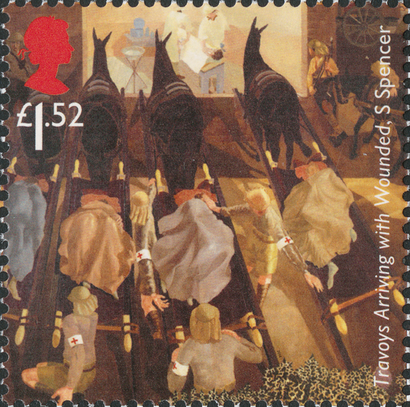 Stamp depicting a painting by Stanley Spencer of horses pulling wounded on stretchers.