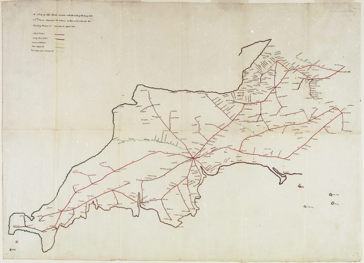 A map containing the mail coach routes across the South-West of England in 1814.