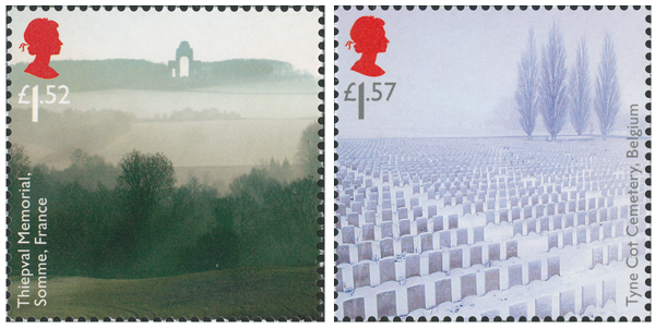 Two stamps depicting war memorials; one a arch at Somme, France and another of the graves at Tyne Cot cemetery.