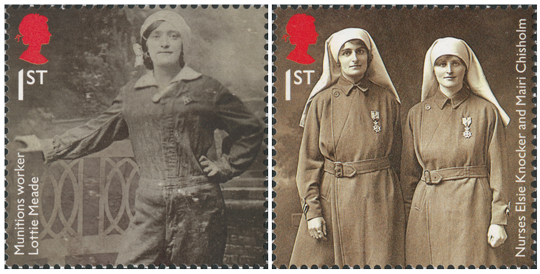 Two stamps depicting women doing jobs during the war.