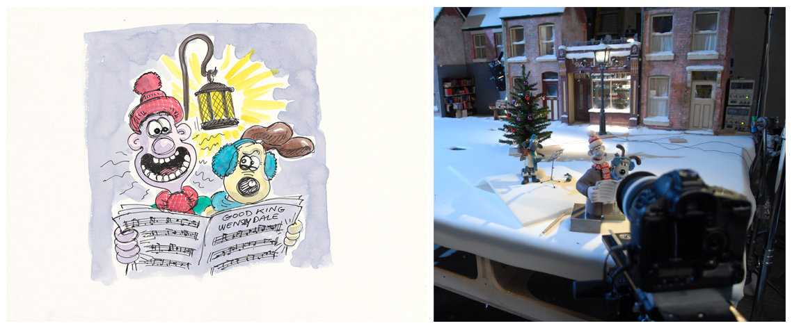 A colour sketch of Wallace and Gromit carolling along with a production shot of the same scene.