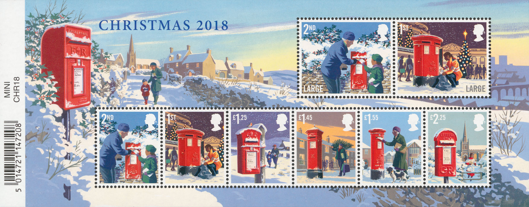 A miniature sheet featuring all the issued Christmas stamps from 2018 in a wintry landscape setting.