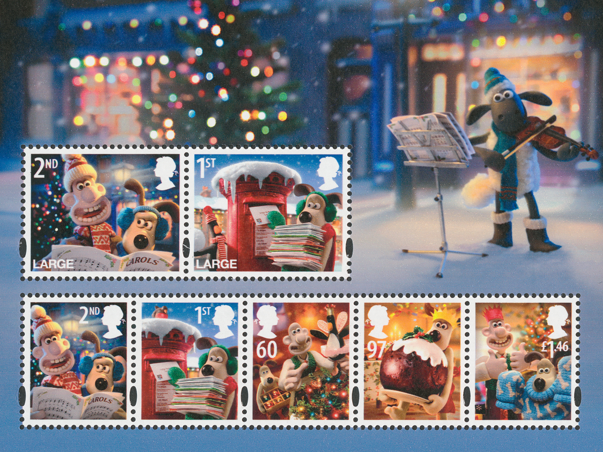 Image of the miniature sheet featuring the 7 issued stamps and a background with Shawn the sheep playing the violin.