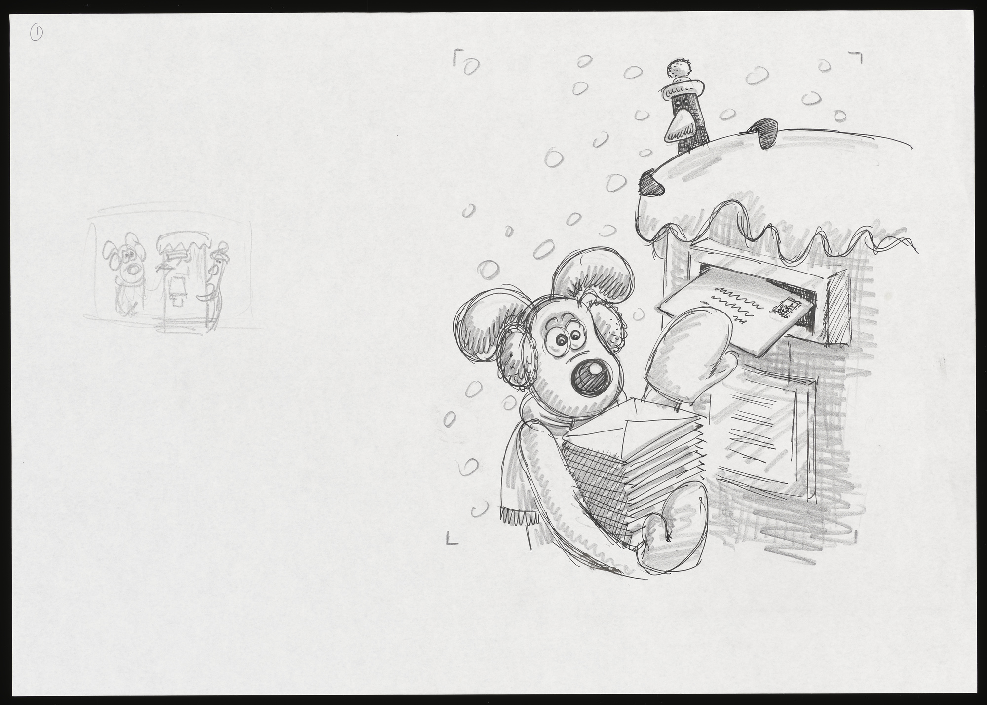 Pencil sketch of Gromit posting letters into a pillar box.