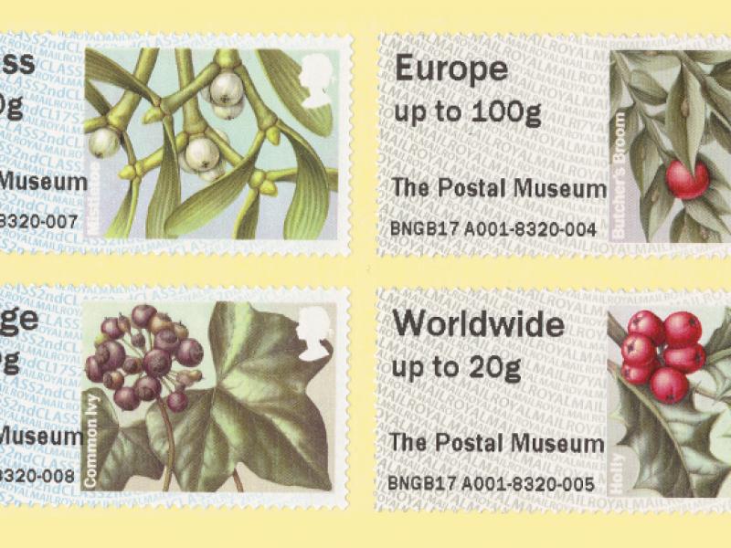 Set of 4 Winter Greenery Post and Go Stamps from The Postal Museum