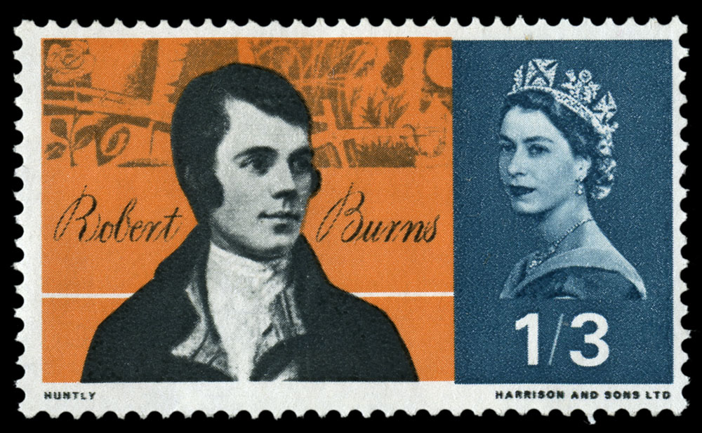 Stamp depicting a head and shoulder portrait of Robert Burns.