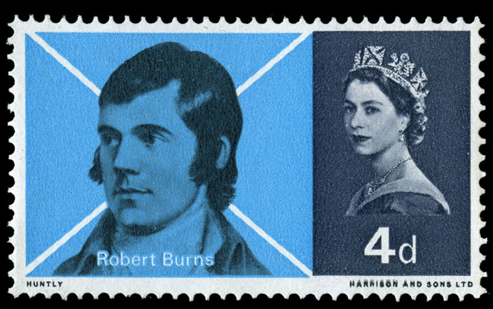 Stamp depicting a portrait of Burns against a white cross on a blue background.