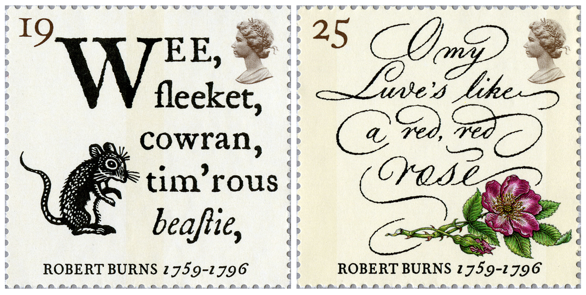 Two stamps depicting passages from Burns' poetry along with a mouse and a rose.