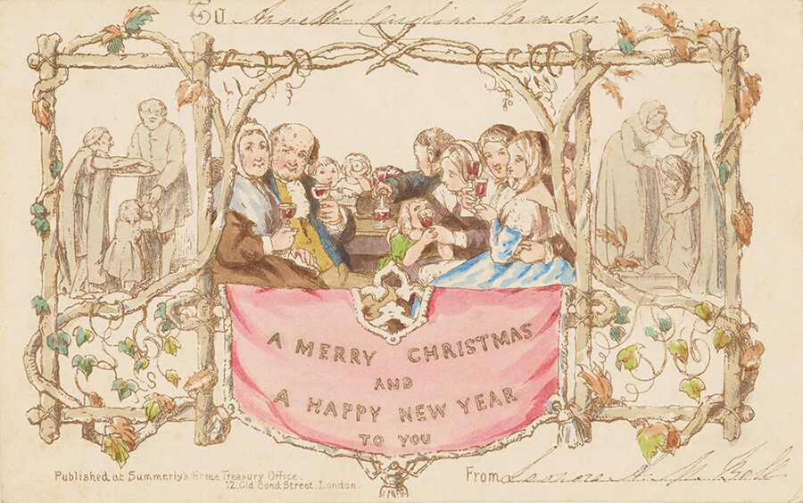 The first Christmas card featuring people drinking together and the message 'A Merry Christmas and a Happy New Year to you'.