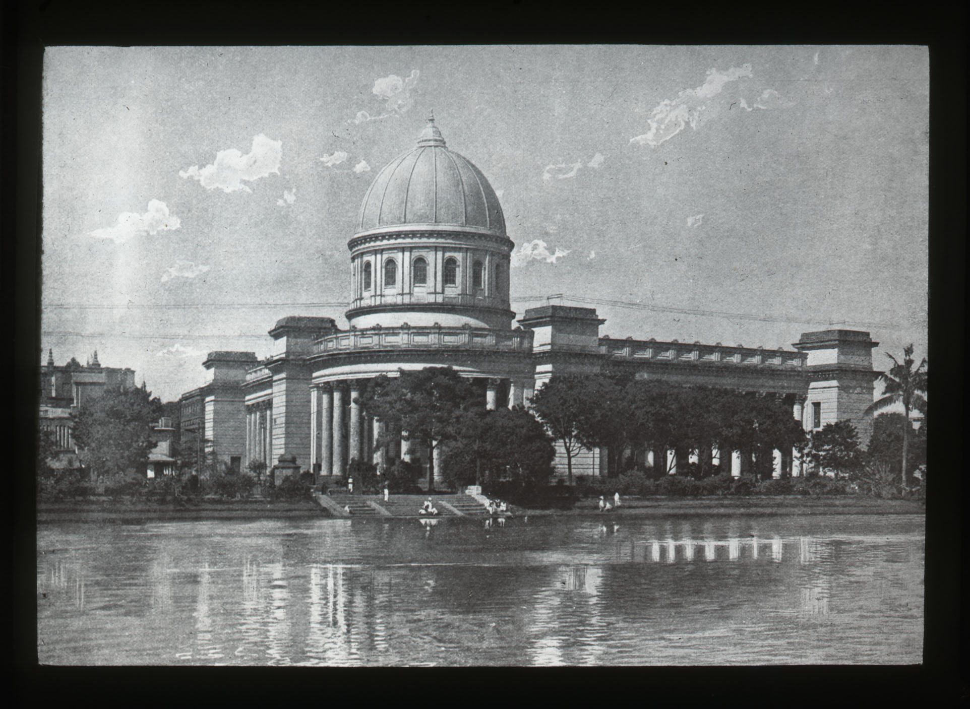 Black and white lantern slide depicting the domed building of the General Post Office in Calcutta.