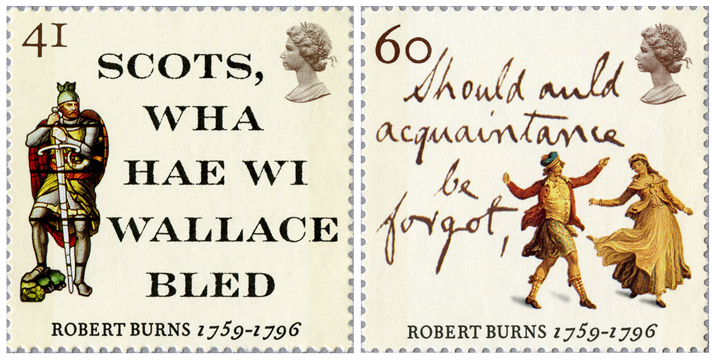 Two stamps depicting passages from Burns poetry along with a knight and a couple dancing.