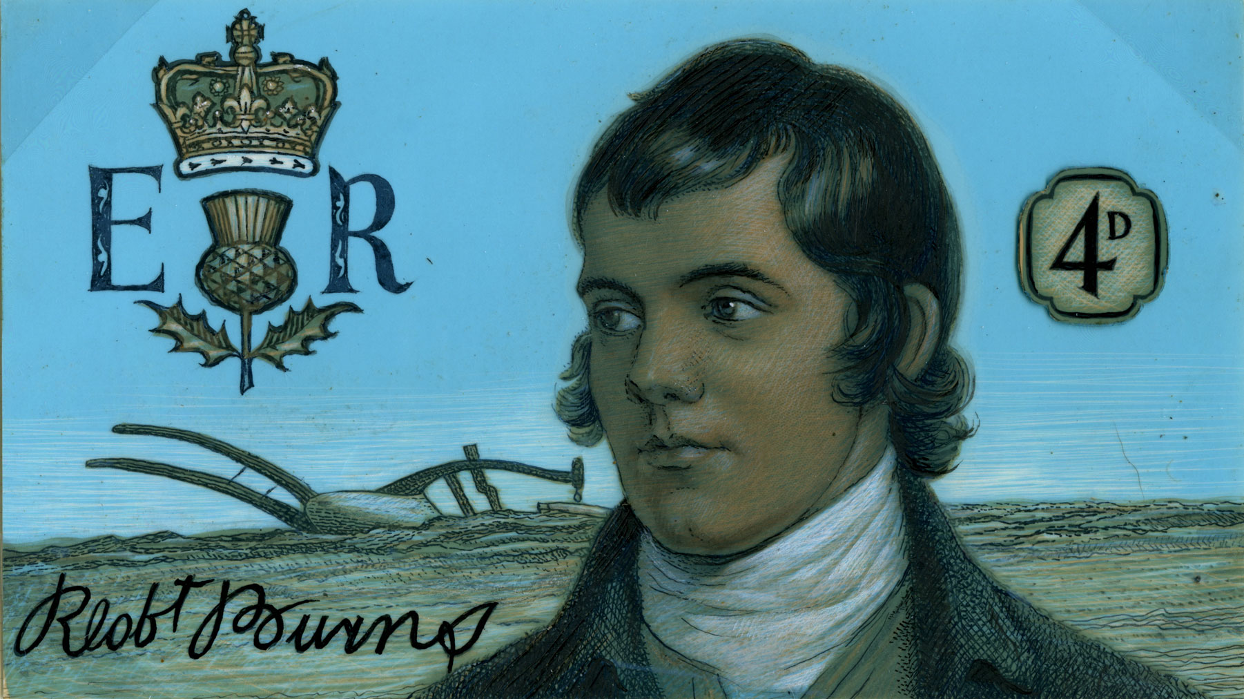 Stamp depicting a portrait of Burns along with his signature and an ER cypher with thistle.