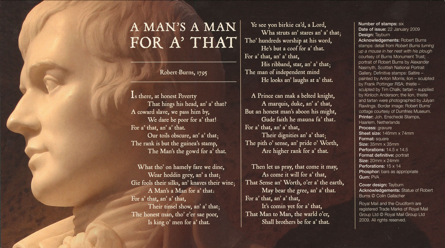 First Day Cover insert featuring a marble effigy of Burns and the words of 'A man's a man for a' that'.