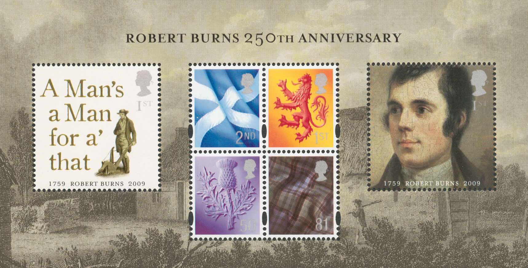 Miniature sheet featuring four Scotland country definitives and two commemorative stamps of a Burns portrait and the title of one of his songs.