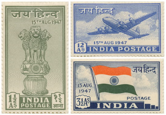 Three stamps that were issued to celebrate Indian independence, they consist of the Indian flag, a plane and an Asoka lion.