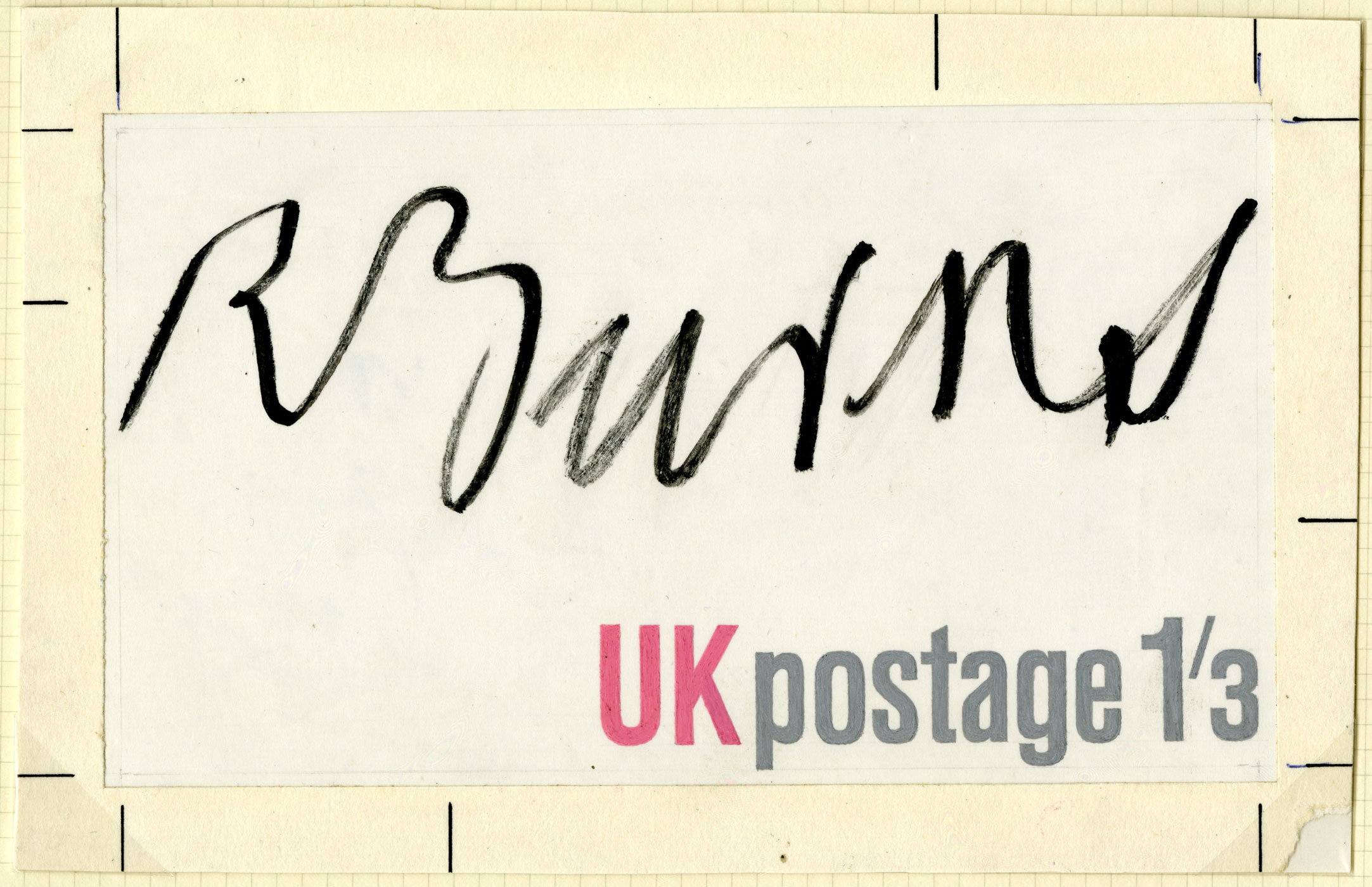 Stamp design featuring the signature of Robert Burns and the words 'UK postage'.