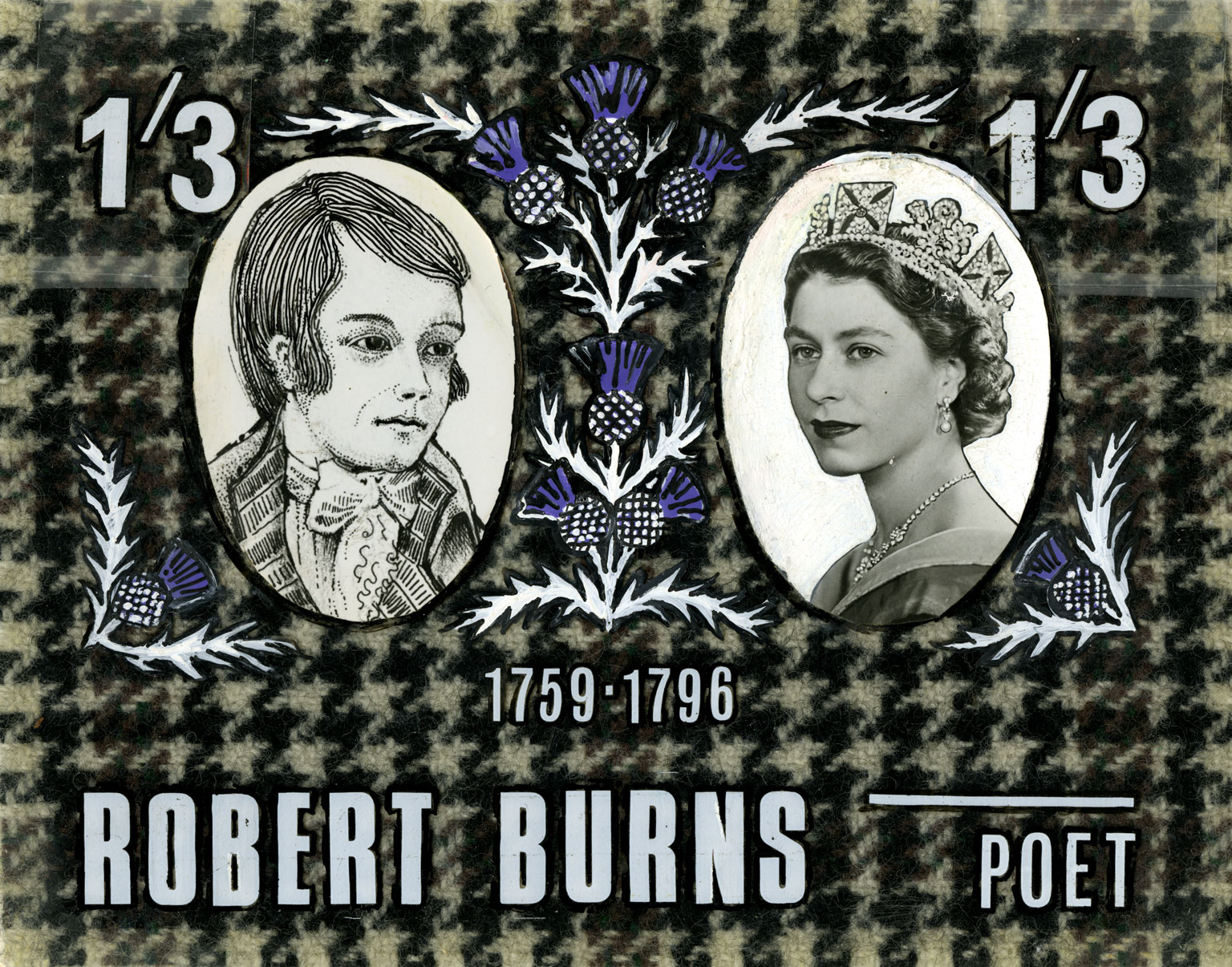 A stamp design featuring a portrait of Robert Burns and Queen Elizabeth II on a tartan background.