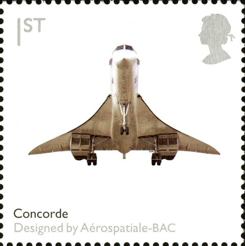 Stamp depicting Concorde from the front of the plane as it takes off.