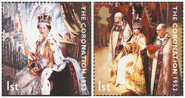 Two stamps depicting the Queen Elizabeth II in her coronation outfit with sceptre and orb.