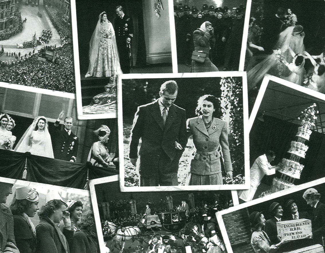The reverse of the Diamond Wedding Anniversary miniature sheets that features black and white photographs from the royal wedding.