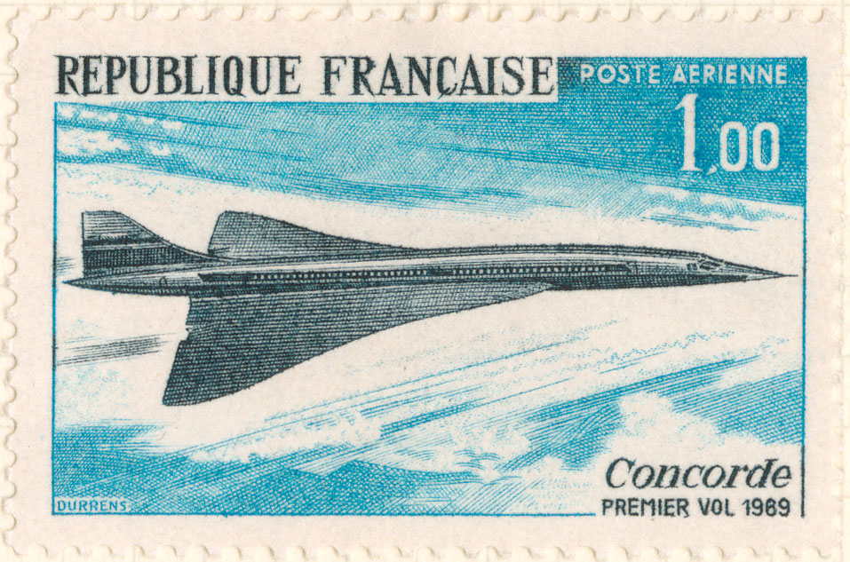 The French stamp to commemorate the first flight of Concorde featuring the plane flying across a blue sky.