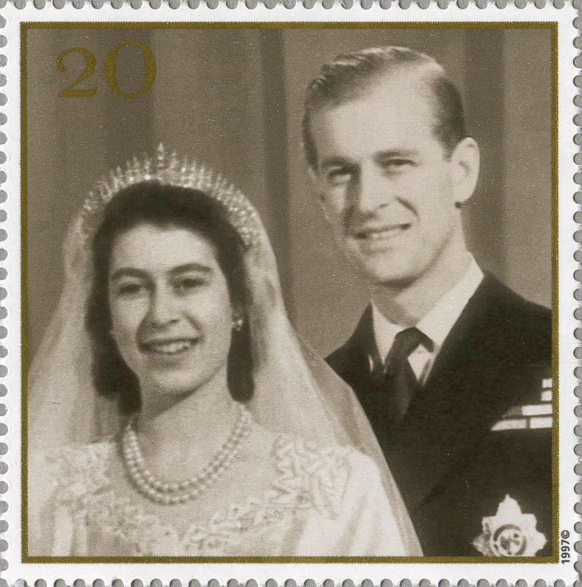 A stamp depicting the black and white photograph of Queen Elizabeth II and the Duke of Edinburgh on their wedding day.