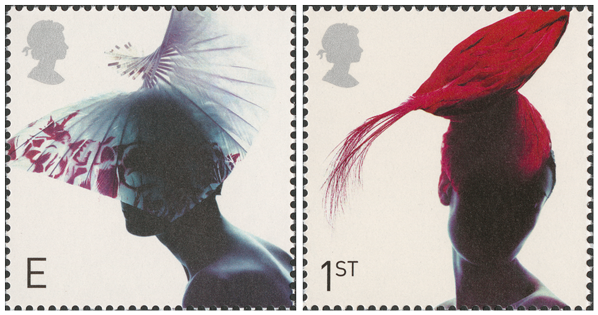 Two stamps depicting decorated hats on women in shadow.